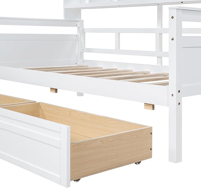 Harper & Bright Designs Twin Daybed with Storage, Wooden Twin Size Bed Frame with Bookcase Headboard and 2 Drawers, Twin Sofa Bed with Shelves for Living Room Bedroom, No Box Spring Need, White