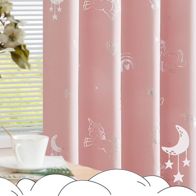 jinchan Pink Blackout Unicorn Curtains for Girls Kids Room Thermal Insulated Room Darkening Rainbow Curtains for Girls Bedroom Living Room Silver Foil Printed Grommet 63 Inches Long Pink 2 Panels
