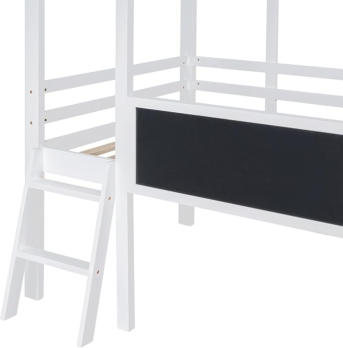 Play Fun Design Twin Size Loft Bed with Ladder and Slide for Kids Boys Girls, Solid Wood House Loft Bed Frame with Blackboard and Light Strip on The Roof, Sturdy Slat Support (White-6)