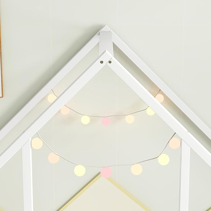 Casaphoria Twin Size House-Shaped Montessori Bedframe, Solid Pine Wood Kids Bed Frame, Toddler Floor Bed with Door & Fence for 1-3 Years Old Kids, White