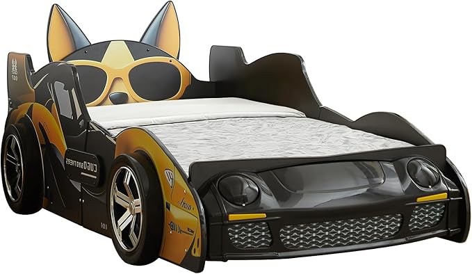 Twin Bed Frames for Kids, Cartoon Dog Race Car Bed Wooden Platform Bed Frame with LED Lights, Twin Size Chidren Bed Frame with Wood Slat Support, Fits Standard Mattres (Black Yellow)