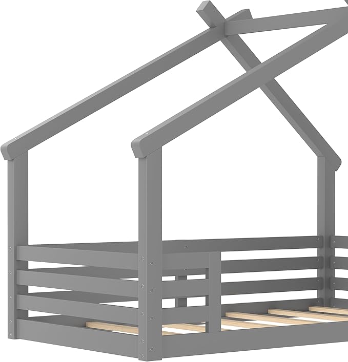 SOFTSEA Twin Size Floor House Bed with Roof, Solid Wood Montessori Bed Frame with Slats and Guardrails, Kids Playhouse Floor Bed for Boys Girls, No Spring Box Needed, Grey