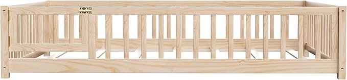 i-POOK Twin Floor Bed for Children, Sturdy Wood Montessori Bed Frame with Wood Slats, Fence & Door, Montessori Floor Bed for Girls and Boys, Natural