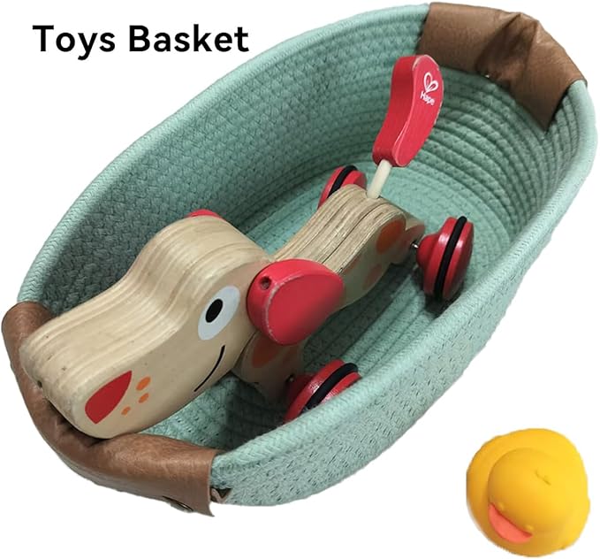 Medium Cotton Woven Basket with PU Leather Handle, Baby Clothes Toys Candy Gifts Cotton Rope Organizer, Living Room Basket Bathroom Shower Storage Laundry Basket, Dog Cat Bed, Cute Decor, Navy