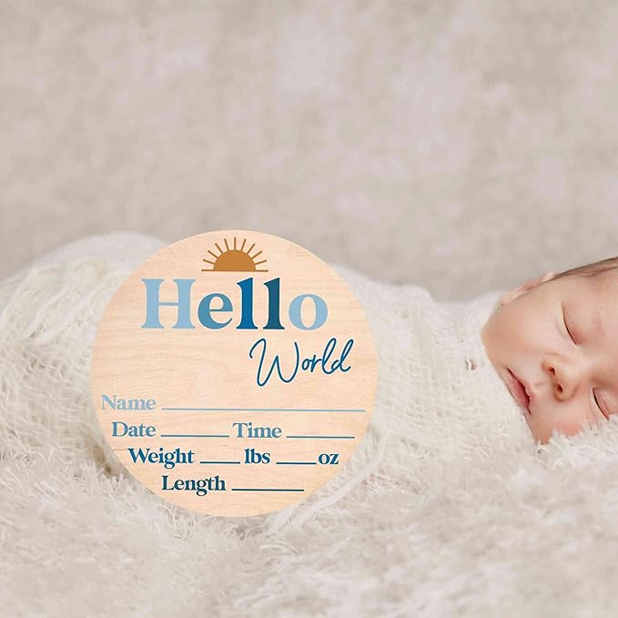Hello World Newborn Sign - Baby Name Birth Announcement Plaque for Hospital - Photo Prop - Nursery Decor - Shower Gift