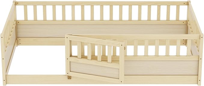 Ball & Cast Twin Size Montessori Floor Bed with Baffle Design & Open Door,Toddler Floor Bed Frame W/Fence and High Guardrails,Wooden Playhosue Bed for Girls and Boys,No Box Spring Needed,Natural