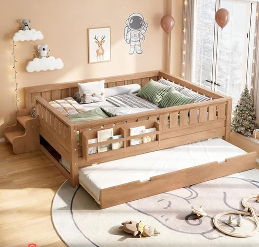 Bellemave Full Size Kids Bed with high Rails and with Built-in Bookshelf and Trundle for Kids, Girls, Boys, Wood Montessori Bed Without Door, Natural