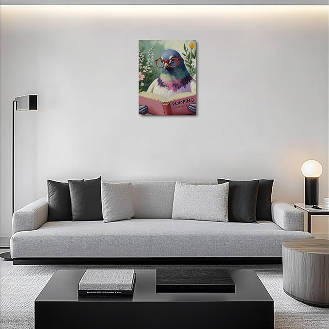 Funny Pigeon Humorous Bird Reading Book Lovers Gifts Poster Wall Decor Canvas Wall Art Framed Artwork Bookworm Posters Painting for Home Library Office Study Bathroom Decorations 11.5X14.5 Inch