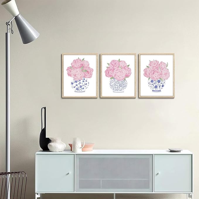 CHMMART 3 Piece Pink Floral Framed Wall Art Blue and White Chinoiserie Flower Canvas Art Prints Peony Pictures Wall Decor Painting Artwork for Living Room Bedroom Bathroom 12x16in