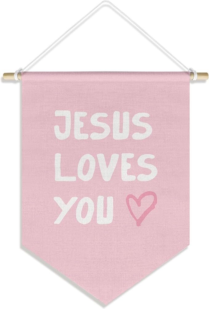 Pink Christian Wall Art for Kids Baby Girl Nursery Classroom Toddler Room Bedroom, Kid Bible Verse Wall Decor Banner Hanging Pennant, Jesus Loves You, 15x11in