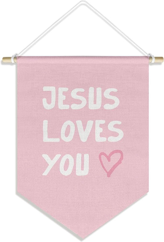 Pink Christian Wall Art for Kids Baby Girl Nursery Classroom Toddler Room Bedroom, Kid Bible Verse Wall Decor Banner Hanging Pennant, Jesus Loves You, 15x11in