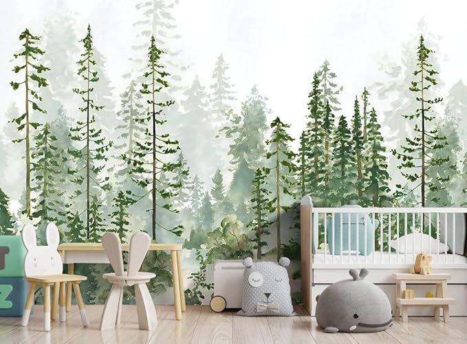 Boys or Girls Cartoon Pine Tree Forest wallpeper Nursery Kids Bedroom Wall Mural - 160"x108"（Not Peel and Stick）