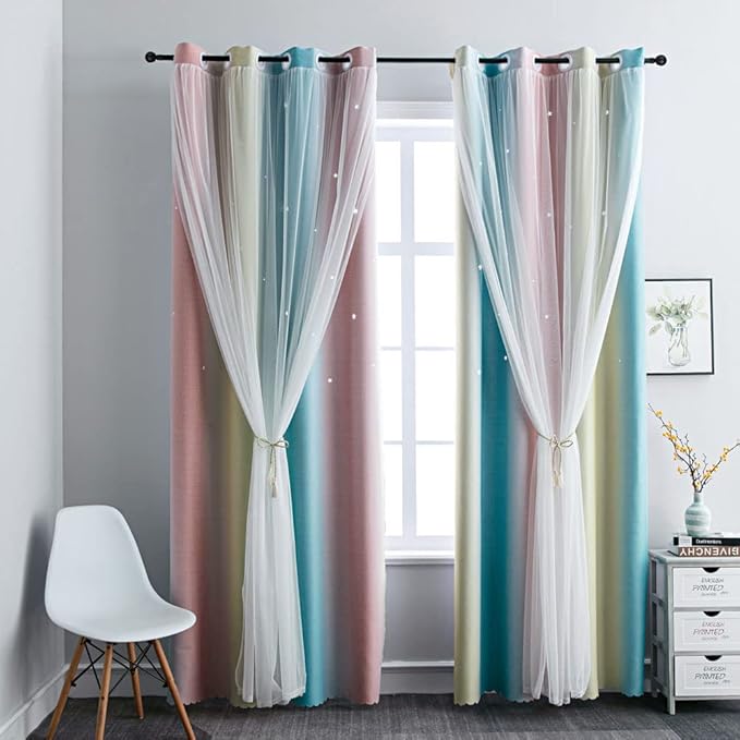 FANLI Ombre Rainbow Blackout Curtains for Kid Girls Bedroom Living Room Darking Stripe Double Layer Star Cut Out Wall Home Decor Gradient Grommet Window Curtains (Pink/Blue, 52W x 95L)