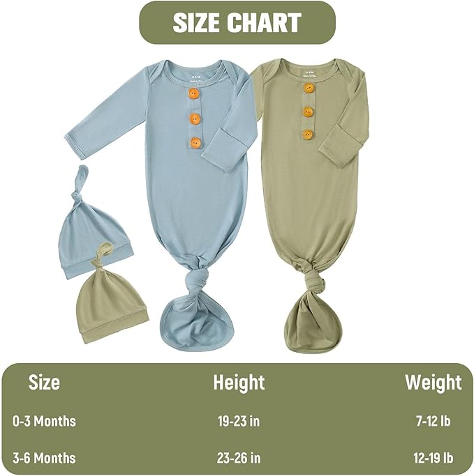 OPAWO Knotted Gown Baby Newborn Sleepers Baby Boy Coming Home Outfit, Bamboo Viscose Baby Gowns with Mitten Cuffs and Hat Set