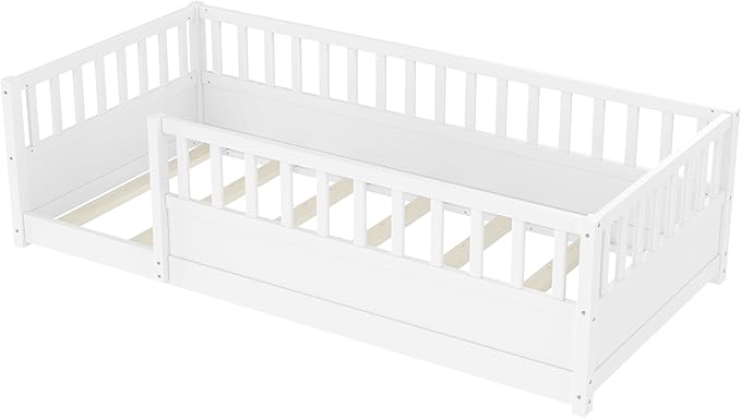 Bellemave Kids Montessori Floor Bed,Twin Size Floor Bed with High Fence and Door,Twin Bed Frame with Guardrails for Kids,Girls,Boys,Twin,White
