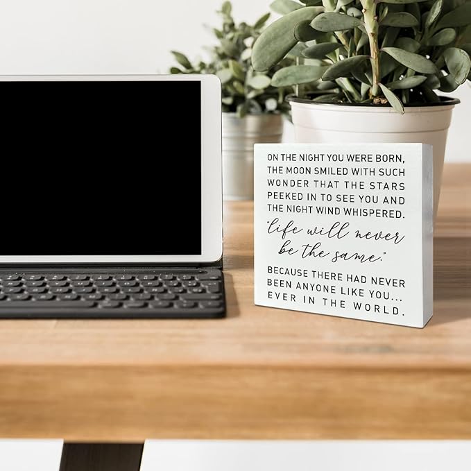 Nursery Desk Wooden Box Sign Decor - 'On The Night You Were Born', Neutral Nursery Decor - Desk Decoration & Baby Shower Gifts for New Baby Boys & Girls