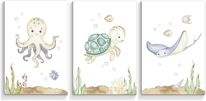 Wodkwq Nursery Wall Art Sea Animal Canvas Prints Baby Girl Boy Room Decor Watercolor Paintings Pictures Cute Ocean Theme Toddler Room Decoration Set of 3 for Kids Bedroom Bathroom 12x16in Unframed