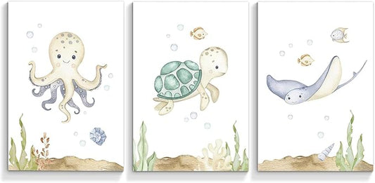 Wodkwq Nursery Wall Art Sea Animal Canvas Prints Baby Girl Boy Room Decor Watercolor Paintings Pictures Cute Ocean Theme Toddler Room Decoration Set of 3 for Kids Bedroom Bathroom 12x16in Unframed