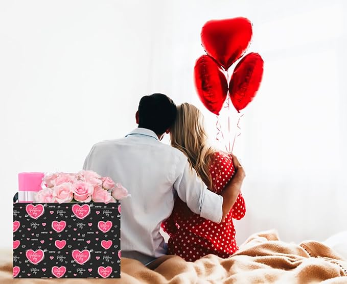 CLOCOR Rectangular Black Heart Gift Basket for Valentines' Day, Collapsible Cute Pattern Storage Bin,Waterproof Books Box with Handles,Gift Basket(Happy Valentine)