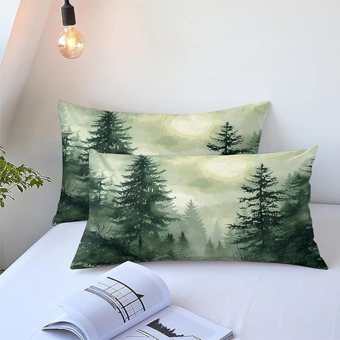 Pine Tree Duvet Cover King Size Forest Olive Green Duvet Cover Set Gradient Watercolor Botanical Bedding Set Soft Breathable Microfiber Comforter Cover(2 Pillowcases, No Comforter)