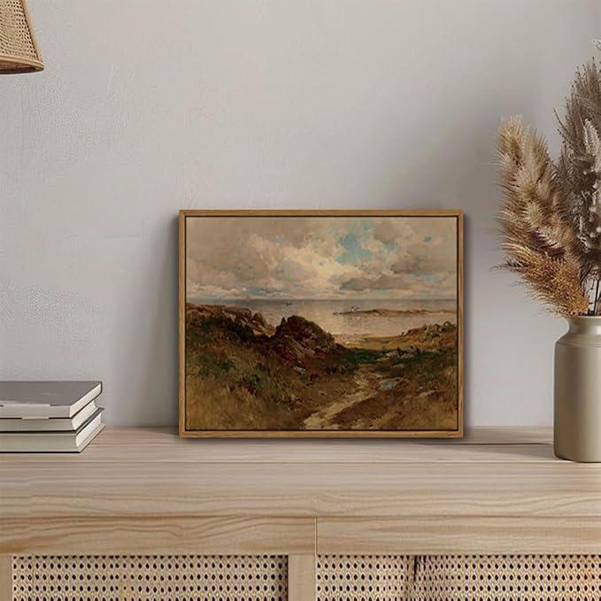 OIQArtOIQ Framed Vintage Landscape Wall Art Coast Natural Scenery Oil Painting Canvas Prints Country Farmhouse Aesthetic Decor Pictures for Kitchen Bedroom Living Room Bathroom