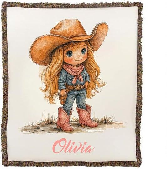 Western Cowboy Cowgirl Baby Name Blanket - Personalized Baby Blankets Nursery Decor - Custom Name Kids Throw Blanket for Girls Boys - Customized Western Cartoon Style Toddler Girl Birthday Gifts