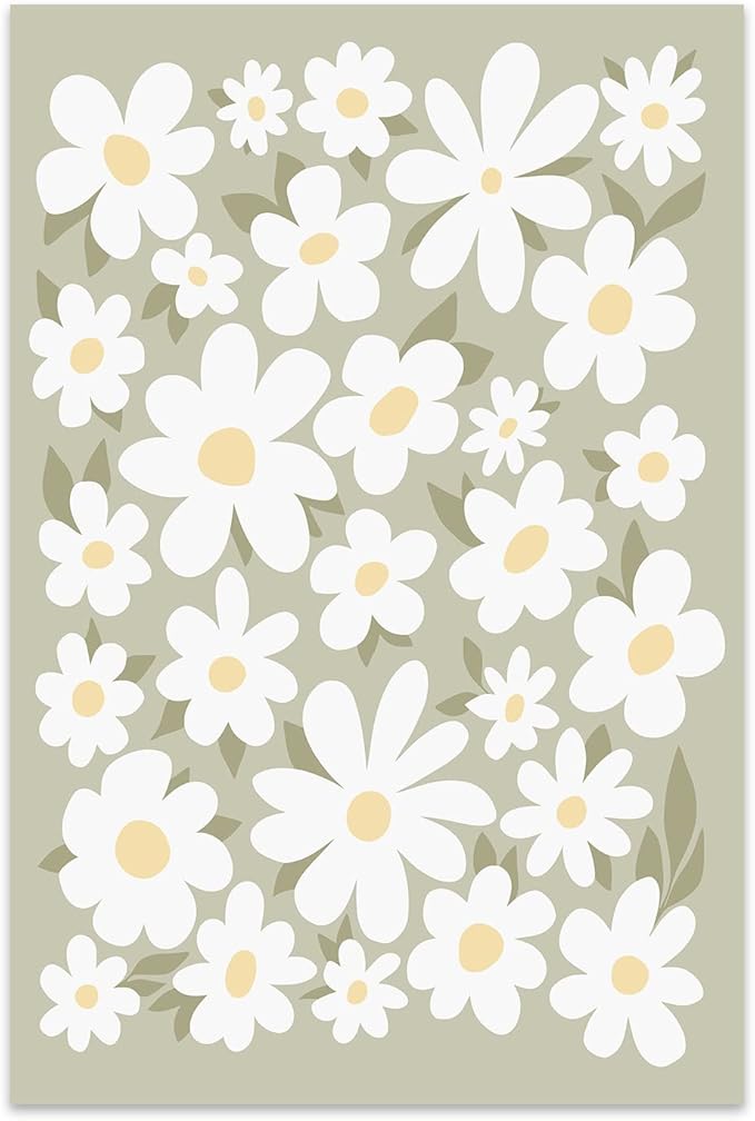 Daisies Canvas Wall Art Modern Flower Painting White Daisy Picture Minimalist Flower Posters Green Floral Painting Rustic Botanical Wall Art White Flower Pictures for Living Room Bedroom 16x24in