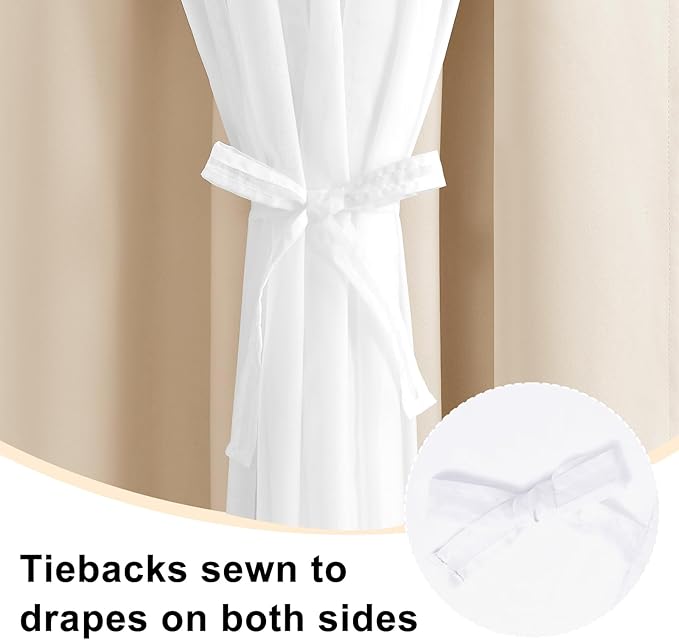 Hiasan Mix & Match Blackout Curtains with Sheer Overlay, Thermal Insulated Privacy Double Layer Room Darkening Window Curtains for Bedroom, Living Room, 2 Panels with Tiebacks, Beige, 70W X 84L