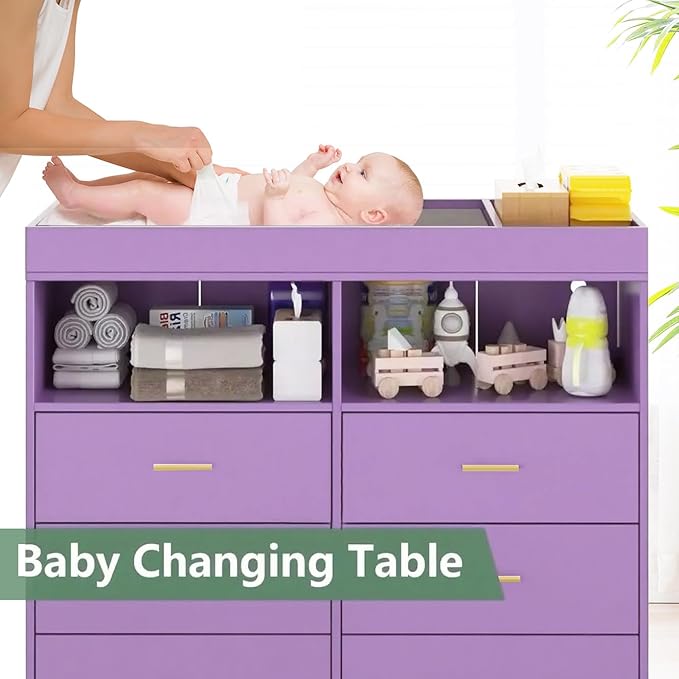 Dresser for Bedroom with LED Lights and Power Outlet, Baby Changing Table Dresser with 6 Drawers, 2 Open Storage Shelves, Baby Diaper Station with Changing Table Top (Purple)