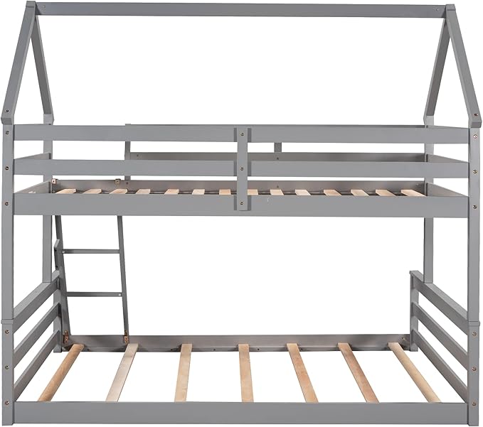 MERITLINE House Shaped Bunk Bed Twin Over Full Size Wood Bunk Bed Frame Low Bunk Beds for Kids, Twin Over Full,Grey