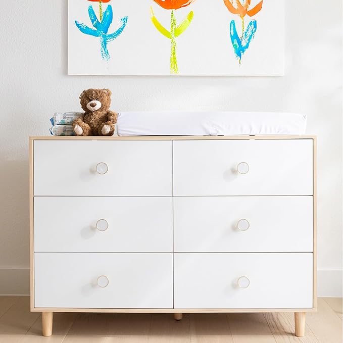 White Dresser for Bedroom, 6 Drawer Dressers with Solid Wood Legs, Baby Dresser for Kids, Storage for Clothes and Baby Essentials