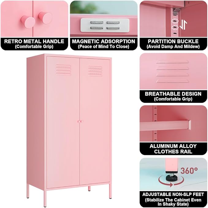 2 Door Metal Wardrobe,Classified Storage Tall Cabinet with Hanging Rod & 2 Freely Adjustable Shelves, Metal Armoire Closet for Kids Bedroom, Laundry Room,Home (Storage Cabinet, Pink)