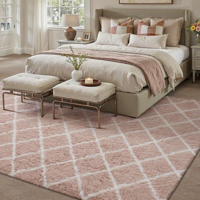5x7 Checkered Rug for Living Room Pink and White Modern Soft Area Rug Fluffy Non-Slip Carpet for Bedroom Playroom Home Aesthetic Decor