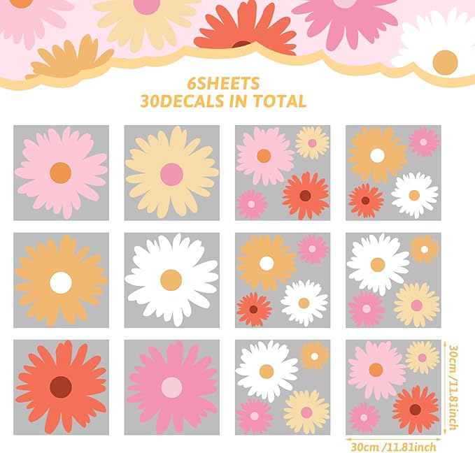TaoBary 12 Sheets Daisy Wall Decal Flower Wall Sticker Cute Daisy Sticker Pink White Flower Decal Peel and Stick Floral Wallpaper for Nursery Bedroom Home Decor(Bright Color,Artsy Style)