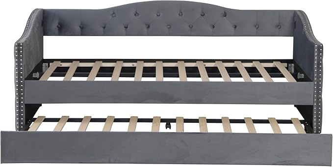 Bellemave Twin Upholstered daybed with Trundle and USB Charging, Velvet Tufted Sofa Bed Twin Size, daybed with Trundle for Adults, Kids, Girls, Teens, for Living Room, Grey
