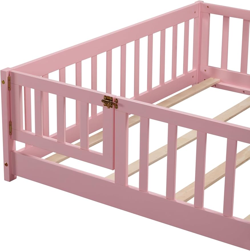 Full Size Montessori Floor Bed Frame with Convertible Door for Girls & Boys,Wood Montessori Bed w/Safety Guardrails & Wood Slats for Kids,Pink