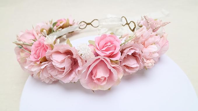 Birthday Party Flower Crown for Girls Children Floral Headpiece Pink Kids Headband Wedding Holo Hair Accessories Photo Prop (Candy Pink)