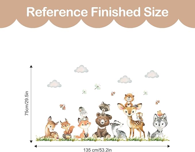 Tanlaby Jungle Animals Wall Stickers Forest Animal Wall Decals Cute Fox Bear Giraffe Self-Adhesive Mural Removable Wall Art Sticker for Baby Nursery Kids Bedroom Playroom Daycare Classroom Decor