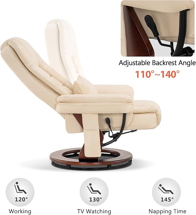 MCombo Swivel Recliner with Ottoman Chair, TV Chair Sets with Vibration Massage, for Small Space Living Room Bedroom 9096 9099 (Faux Leather, Cream White)