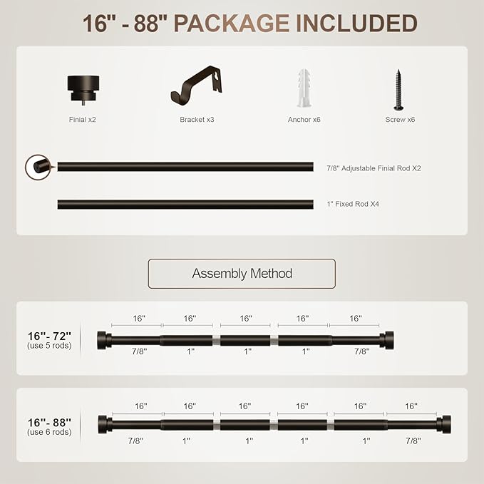 Modern Brown Curtain Rods for Windows 48 to 84 Inches Adjustable Length Heavy Duty 1" Diameter Window Curtain Rod with Decorative Finials for Outdoor Farmhouse Bedroom Kitchen Living Room