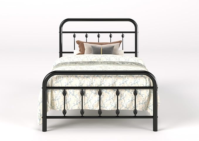 SHA CERLIN Twin Size Metal Platform Bed Frame with Victorian Style Iron-Art Headboard and Footboard, Easy Assembly, Under Bed Storage, No Box Spring Required, Black