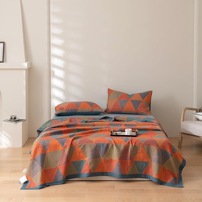 100% Cotton Muslin Blanket Jacquard Bohomian Mandala Triangle Quilt, Soft Bed Cover 3 Layers Reversible Bedspread Coverlet Breathable Lightweight Bedding King(98"x94"), No Pillow Sham