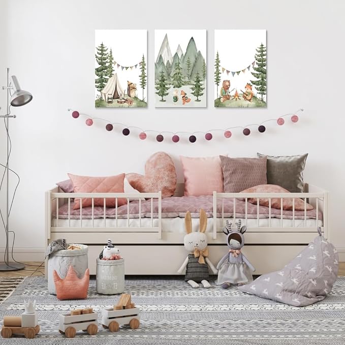 Camping Nursery Wall Art, Woodland Hiking Nursery Wall Decor, Bear Fox Animals Forest Mountain Wall Art, Nature Kid Print for Baby Boy Girl Bedroom, Children's Room Decor, Framed Canvas, 16"x24"x3
