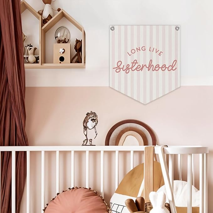 Lacama Girl Room Decor, Long Live Sisterhood Linen Banner Hanging Flag Retro Pink Banner for Nursery Playroom Wall Decor for Kids Bedroom Dorm Toddler Decorations Trendy Room Decor 12.4x14 in
