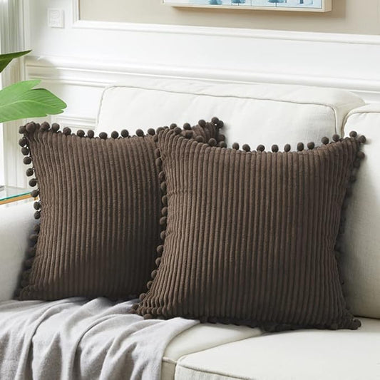 Fancy Homi Pack of 2 Dark Brown Decorative Throw Pillow Covers 20x20 Inch with Pom-poms for Couch Bed, Soft Corduroy Solid Square Cushion Case 50x50 cm, Farmhouse Boho Home Decor