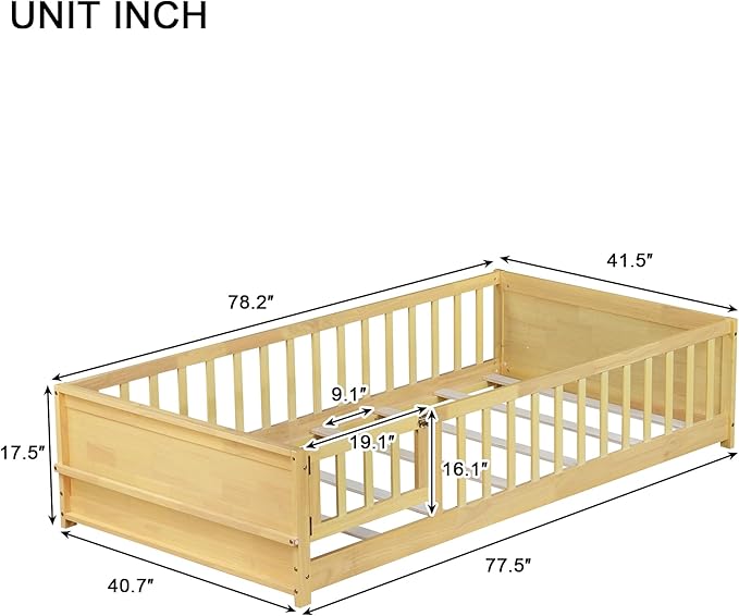 Floor Bed with Rails and Door Twin Size, Wood Montessori Floor Bed with Storage Bookcase, Kids Bed Frame with Fence for Boys Girls, Natural