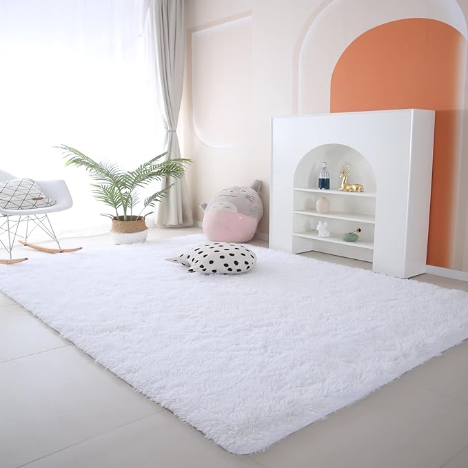 White Rug 8x10 for Living Room - Large Soft Shag Fluffy Area Rugs for Bedroom, Non-Skid Modern Fuzzy Nursery Faux Fur Carpet for Kids Dorm Room Playroom (8x10 Feet, White)