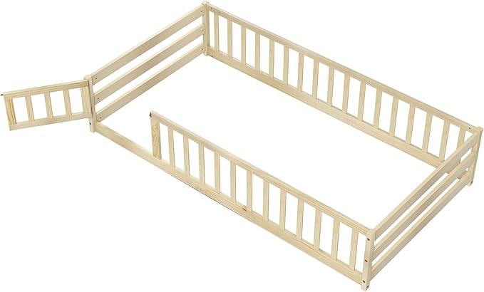 Giantex Twin Floor Bed with Door & Fence, Kids Wood Montessori Beds with Safety Guardrails, Floor Bed Twin for Kids, Boys, Girls, No Box Spring Needed, Natural