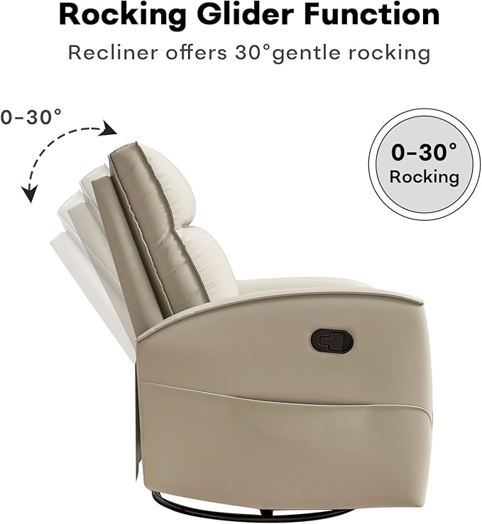 Swivel Rocker Recliner Chair, Manual Faux Leather Glider Rocking Recliners for Adults, 360° Swivel Nursery Reclining Sofa with Storage Pocket