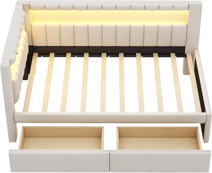 Twin Size Daybed with Storage Drawers and L-Shaped Bookshelf Headboard, Linen Upholstered Soft Corner Bed with Shelves, Charging Station and LED Belt for Kids Boys Girls, White